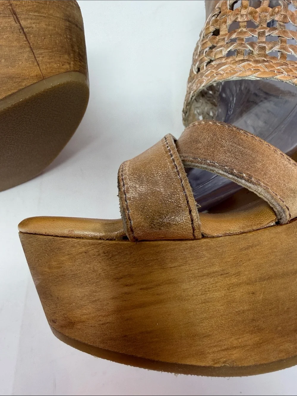 BED|STU Woven Dark Camel Leather Platform Sandals Size 10 Excellent Condition